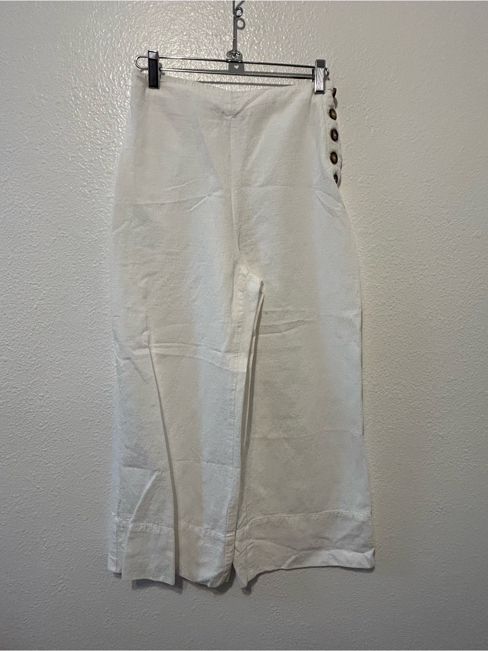 Good Luck Gem White Wide-Leg Crop  with Side Button Detail
